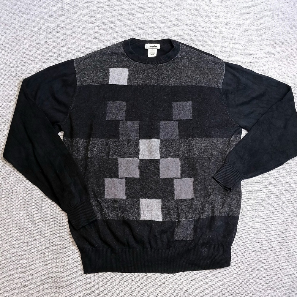Tagio Sweater Mens Medium Black Gray Geometric Pixel Cotton Excellent Pullover
